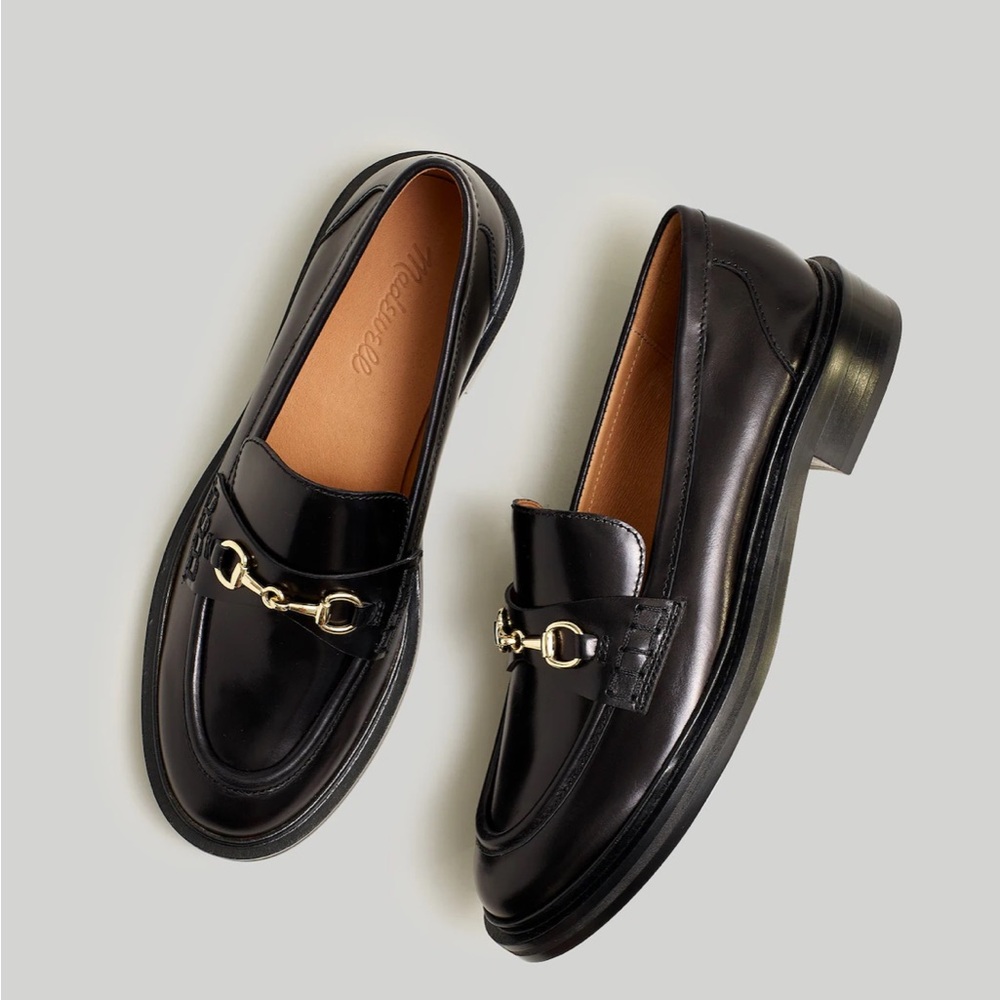 Madewell Black Leather Loafers with Gold Accent